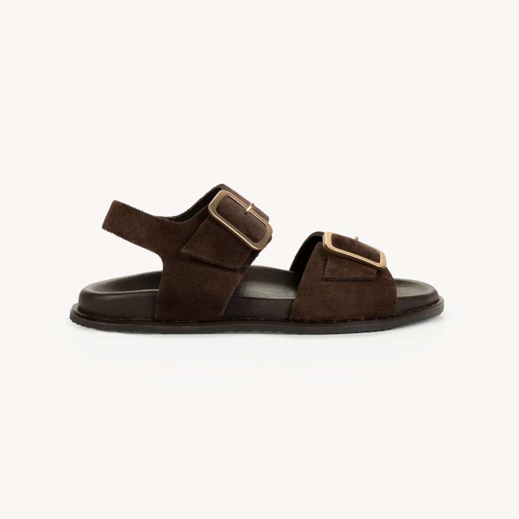 Gala Two Bar Back Strap Sandals: Chocolate Brown Suede | Air & Grace