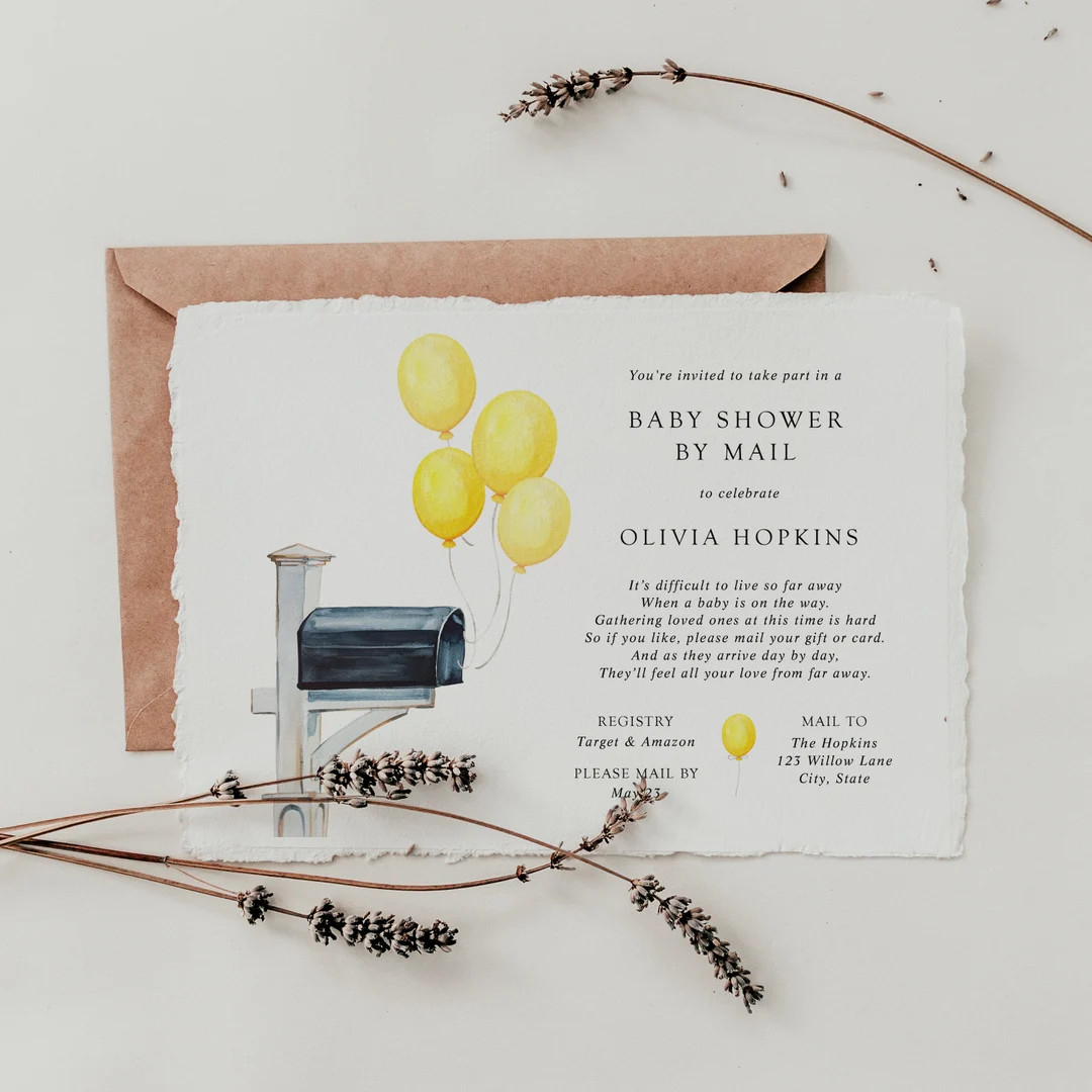 Baby Shower by Mail Invitation | Yellow Balloons, Gender Neutral, Long Distance Shower, Printable... | Etsy (US)