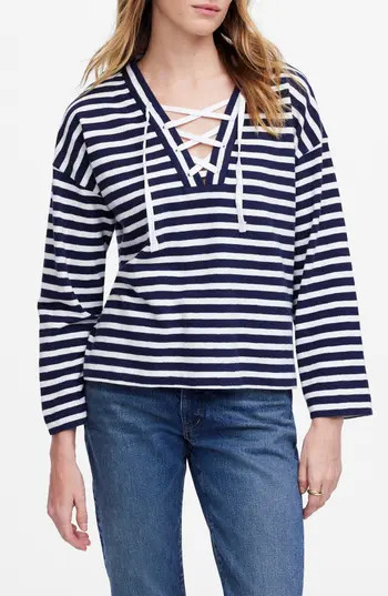 Madewell Stripe Lace-Up Long Sleeve Top in Navy at Nordstrom Rack, Size Large | Nordstrom Rack
