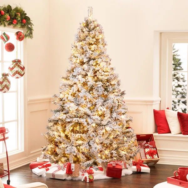 7' Green Spruce Flocked Christmas Tree with 350 LED Lights | Wayfair North America