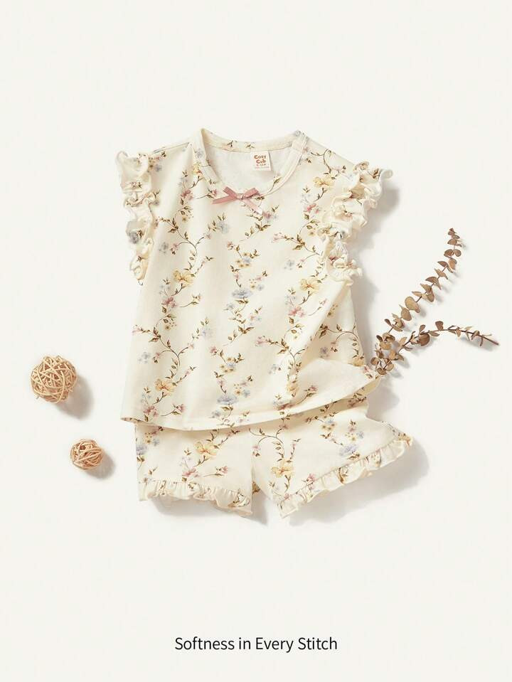 Cozy Cub Baby Girl Floral Pattern Round Neck Ruffled Short Sleeve Top And Casual Shorts Set | SHE... | SHEIN