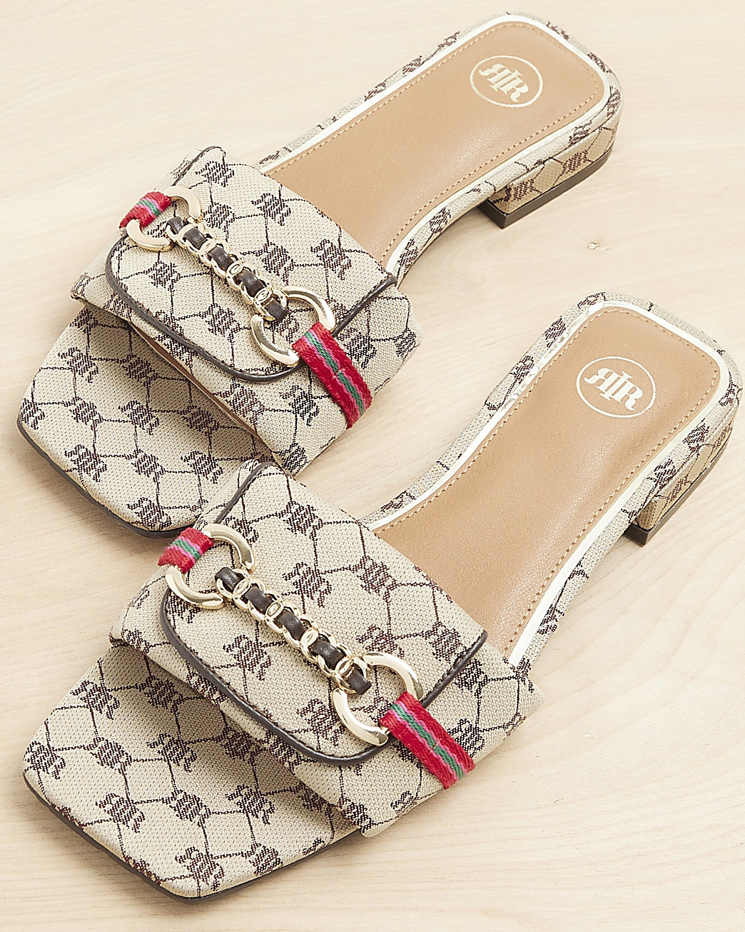 Beige monogram buckle mule sandals | River Island (UK & IE)