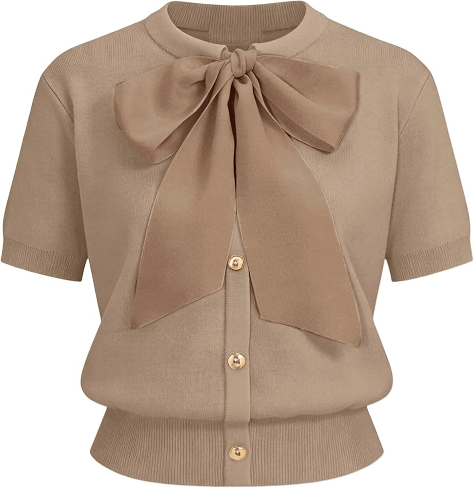 Yeokou Women's Satin Bow Short Sleeve Knit Cardigan Metal Button Crew Neck Casual Sweater Top for... | Amazon (US)