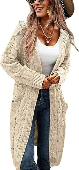 Women's Hooded Open Front Long Cardigan Cable Knit Sweaters Side Pocket Oversized Chunky Cardigan... | Amazon (US)