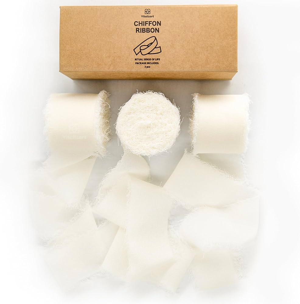 Vitalizart Cream White Handmade Chiffon Silk Ribbon Fringe 3 Rolls 1.5" x 21 Yd Ivory Frayed Edge... | Amazon (US)