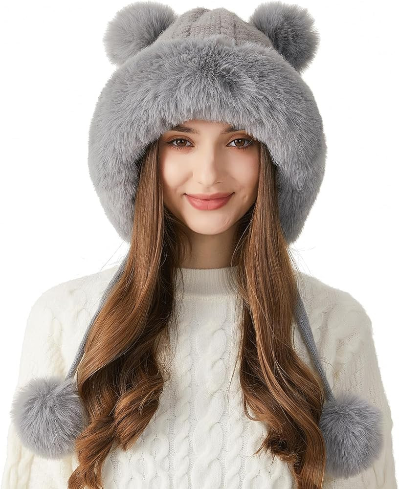 HUAMULAN Women Winter Sherpa Beanie Hats Knit Ear Flaps Peruvian Cover Ears Fleece Lined Ski Snow... | Amazon (US)