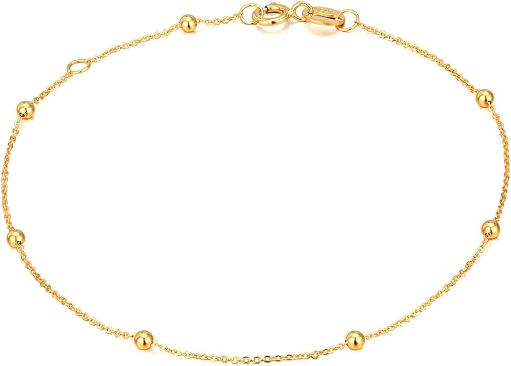 Solid 14K, 18K Gold Bracelets for Women, Real Gold Bead Thin Chain Bracelet | Amazon (US)