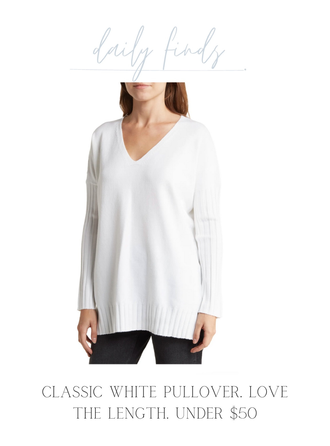 Classic white v-neck sweater. Staple piece. Comes in many different colors and under $50.