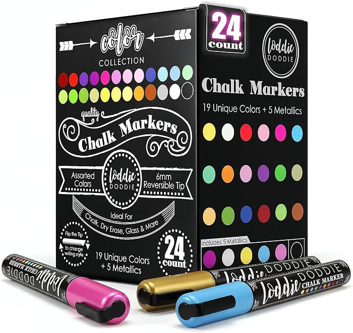 Loddie Doddie Chalk Markers - Pack of 24, 6mm Reversible Tips - Liquid Chalk Pens for Glass Surfa... | Amazon (US)