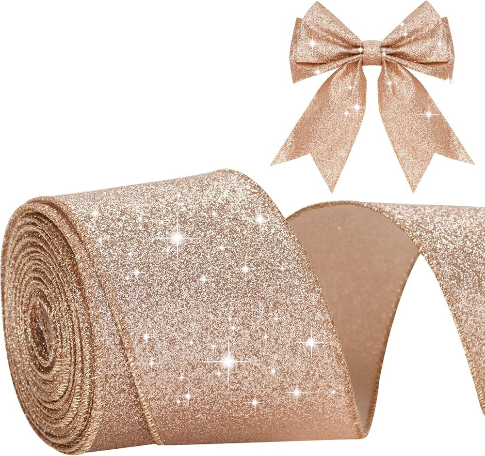 Anwyll Rose Gold Ribbon,Christmas Rose Gold Metallic Wired Edge Ribbon,Glitter Rose Gold Gift Wra... | Amazon (US)