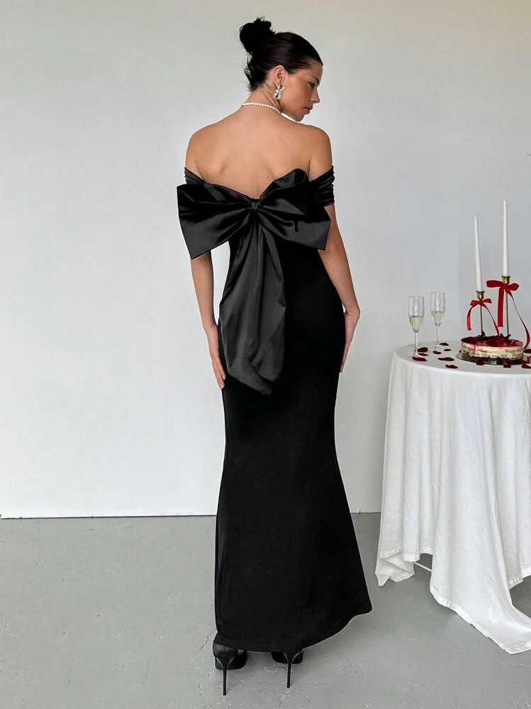 Aloruh Elegant Party Off Shoulder Solid Color Butterfly Decor Fishtail Dress Bow Print Valentines Day Women's Sexy Backless Sequined Maxi Fish Tail Dress Autumn/Winter Dress Women Outfit Fall Black Dress Elegant Vacation Outfits Wedding Dress Birthday Dresses Holiday Party Dress Cocktail Prom Dress Party Formal Dress New Year Eve Holiday Long Business Casual Elegant New Years Clothing Photoshoot Dress Sequins Spring | SHEIN