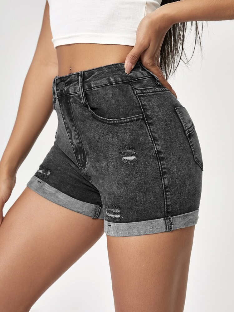 Ripped Roll Up Hem Denim Shorts | SHEIN