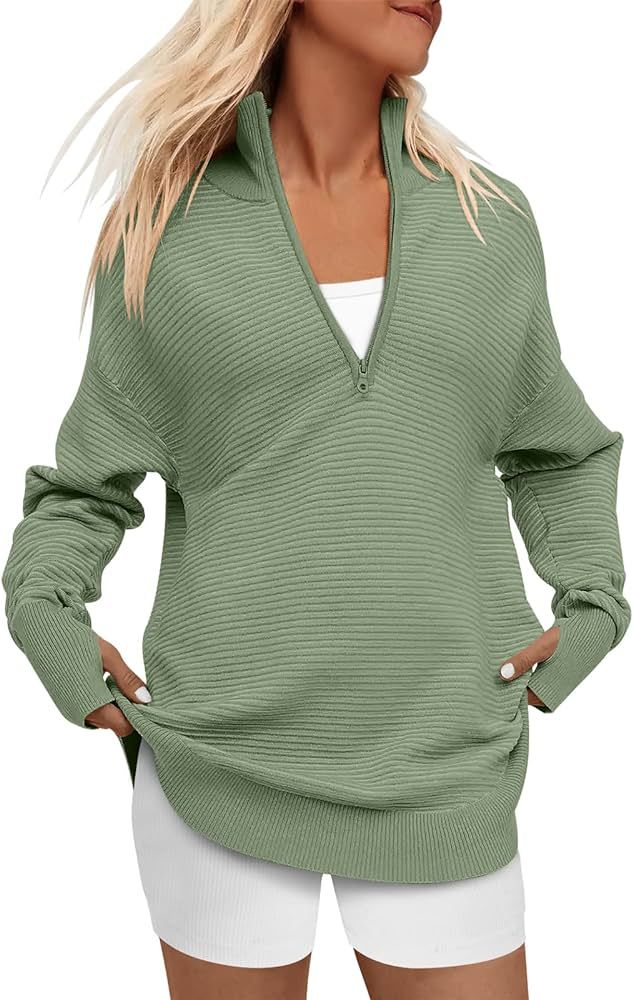 ANRABESS Women’s Long Sleeve Half Zip V Neck Collared Casual Oversized Ribbed Knit Pullover Swe... | Amazon (US)