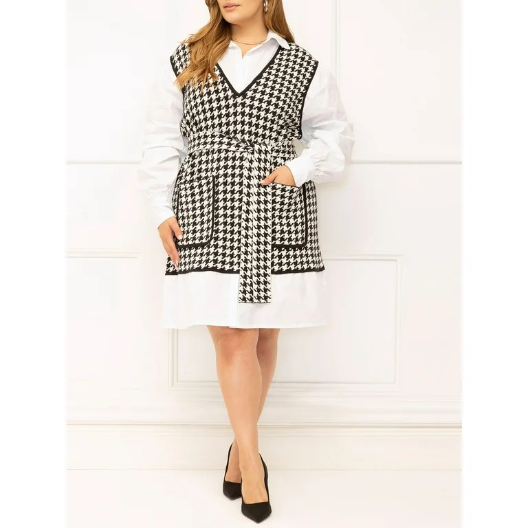 ELOQUII Elements Women's Plus Size Layered Look Shirt and Sweater Dress | Walmart (US)