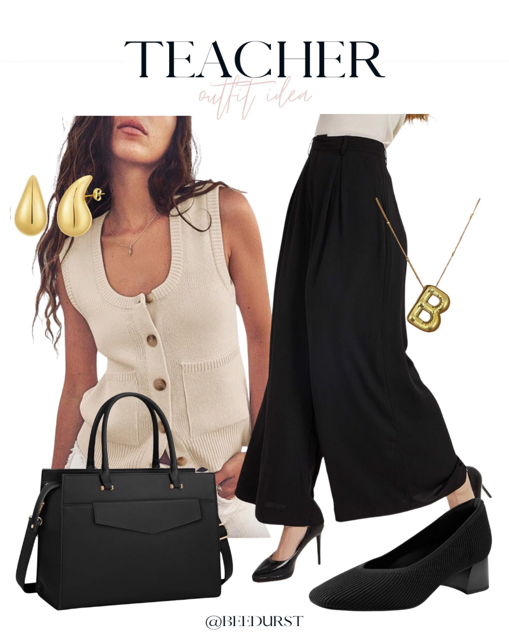 Teacher outfit idea, teacher outfit inspo, amazon teacher outfit idea, amazon teacher outfit inspo, knit vest, knit top, button front top, knit top, work top, work pants, trousers, black pants, black work pants, black trousers, black work tote, black tote bag, heeled sandals, cute work shoes, black work shoes, initial necklace, bubble initial necklace, chunky earrings  

#LTKWorkwear #LTKItBag #LTKShoeCrush