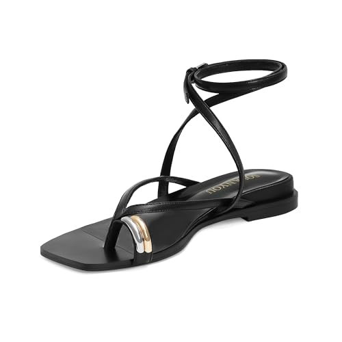 SOVANYOU Black Flat Sandals Strappy Summer Sandals with Ankle Strap Open Toe Dressy Comfortable Thong Slides for Beach Vacation Wedding Guest Casual Wear | Amazon (US)
