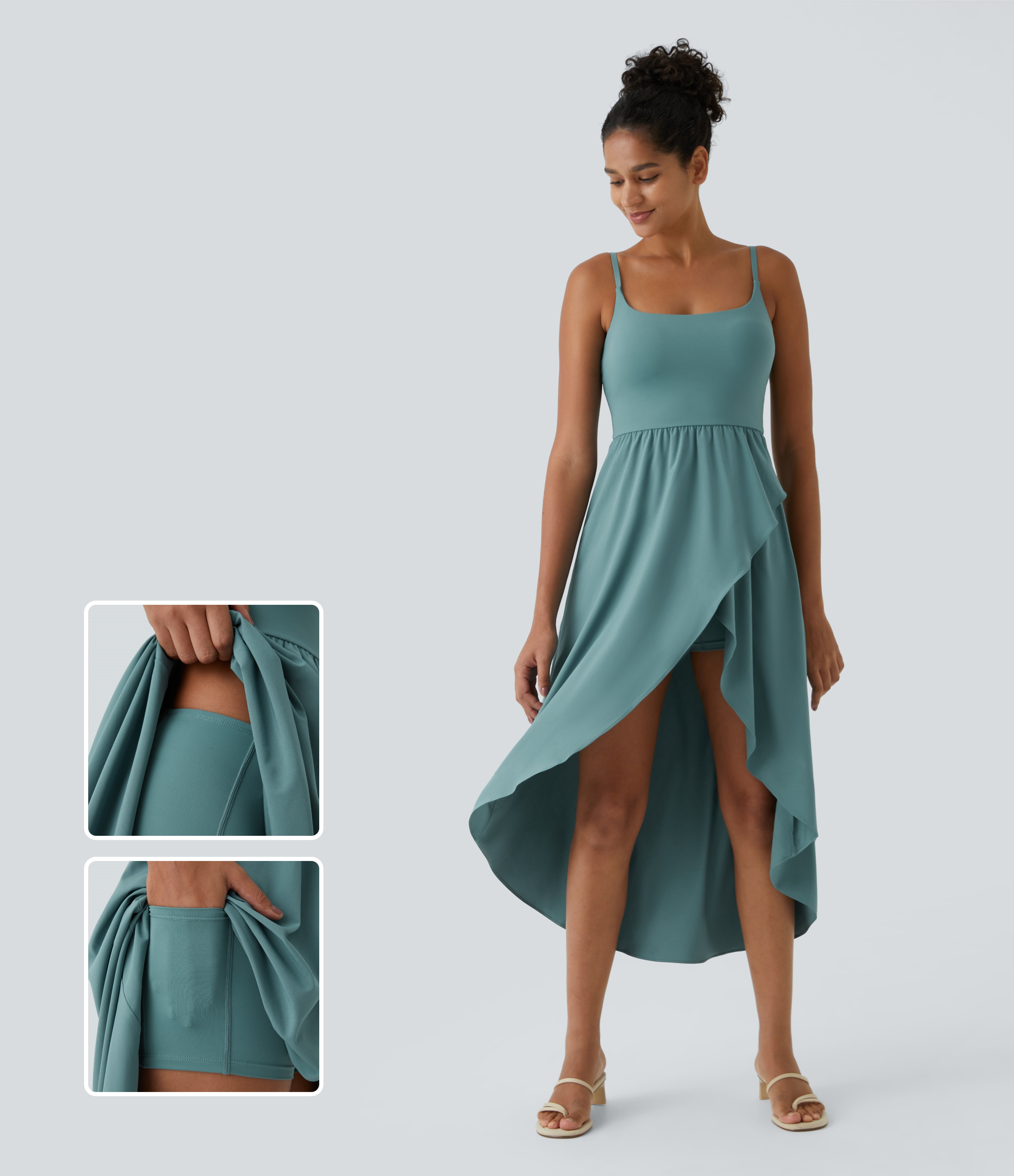 Halara Breezeful™ High Low 2-Piece Pocket Flowy Midi Quick Dry Casual Dress Casual Dress - Stone Blue - L slip dress beach dress ruched dress | HALARA