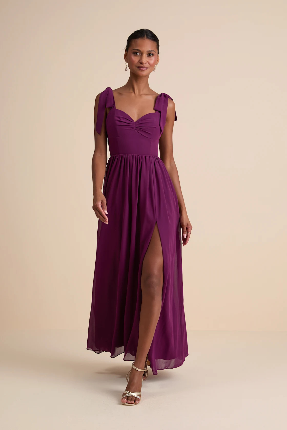 Radiant Charisma Plum Chiffon Ruched Tie-Strap Maxi Dress | Lulus