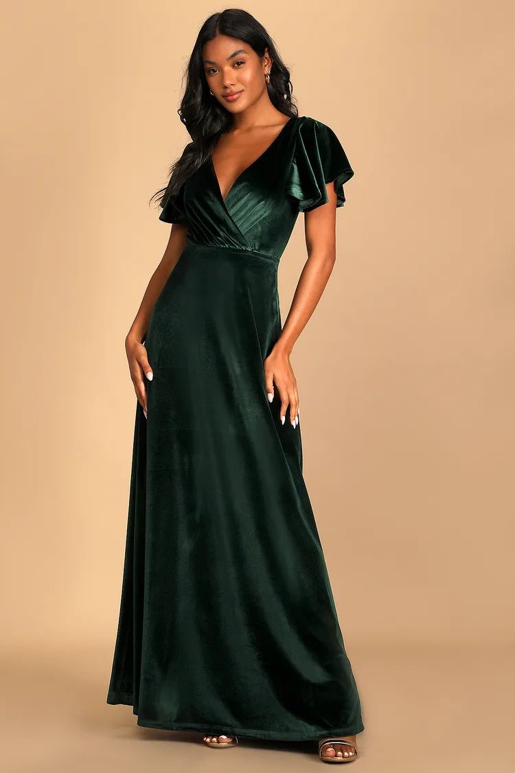 Absolutely Amazed Emerald Green Velvet Flutter Sleeve Maxi Dress | Lulus (US)