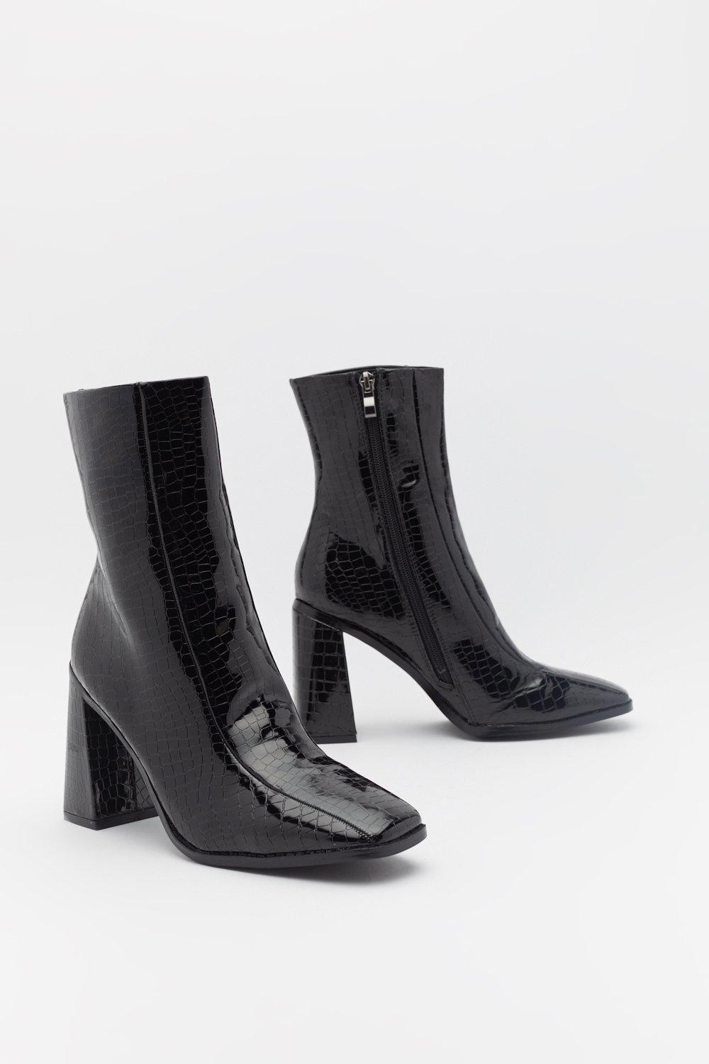 PU Matte Croc Square Toe Flare Heel Sock Boot | NastyGal (US & CA)