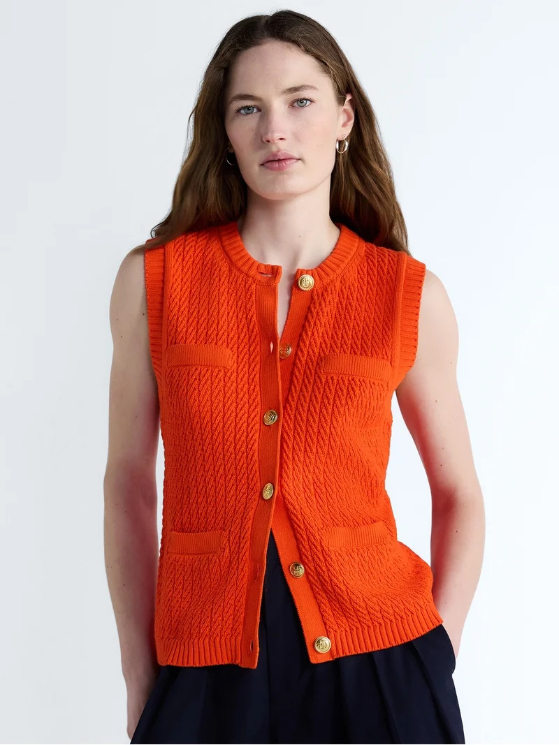 Free Assembly Women's and Women's Plus Button Front Cable Knit Sweater Vest, Lightweight, Sizes X... | Walmart (US)