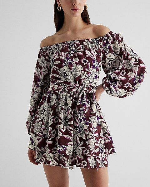 Floral Off The Shoulder Tie Waist Ruffle Romper | Express