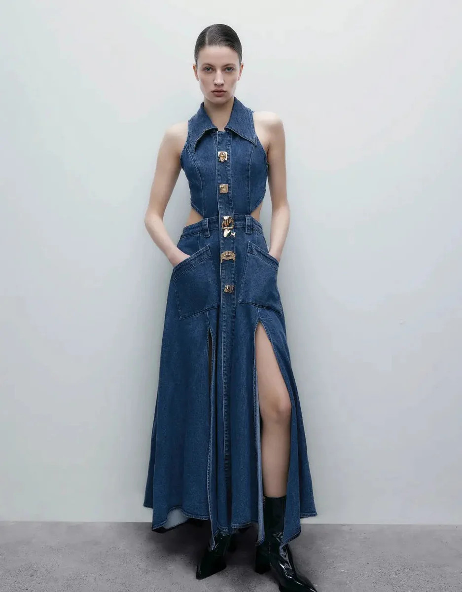 Denim Lapel Collar Front Button Cutout Dress | Urban Revivo