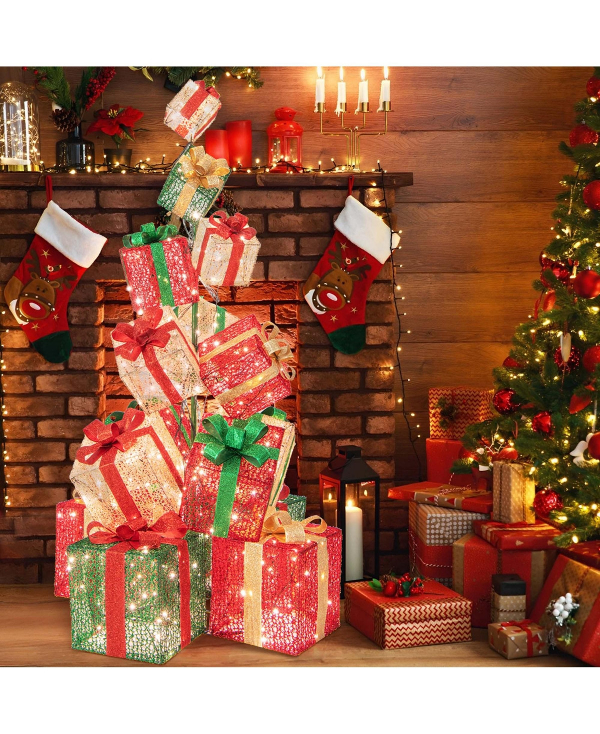 15 Stacked Pre-Lit Gift Box Tower 67'' Lighted Present Decoration with 450 Lights - Red | Macy's