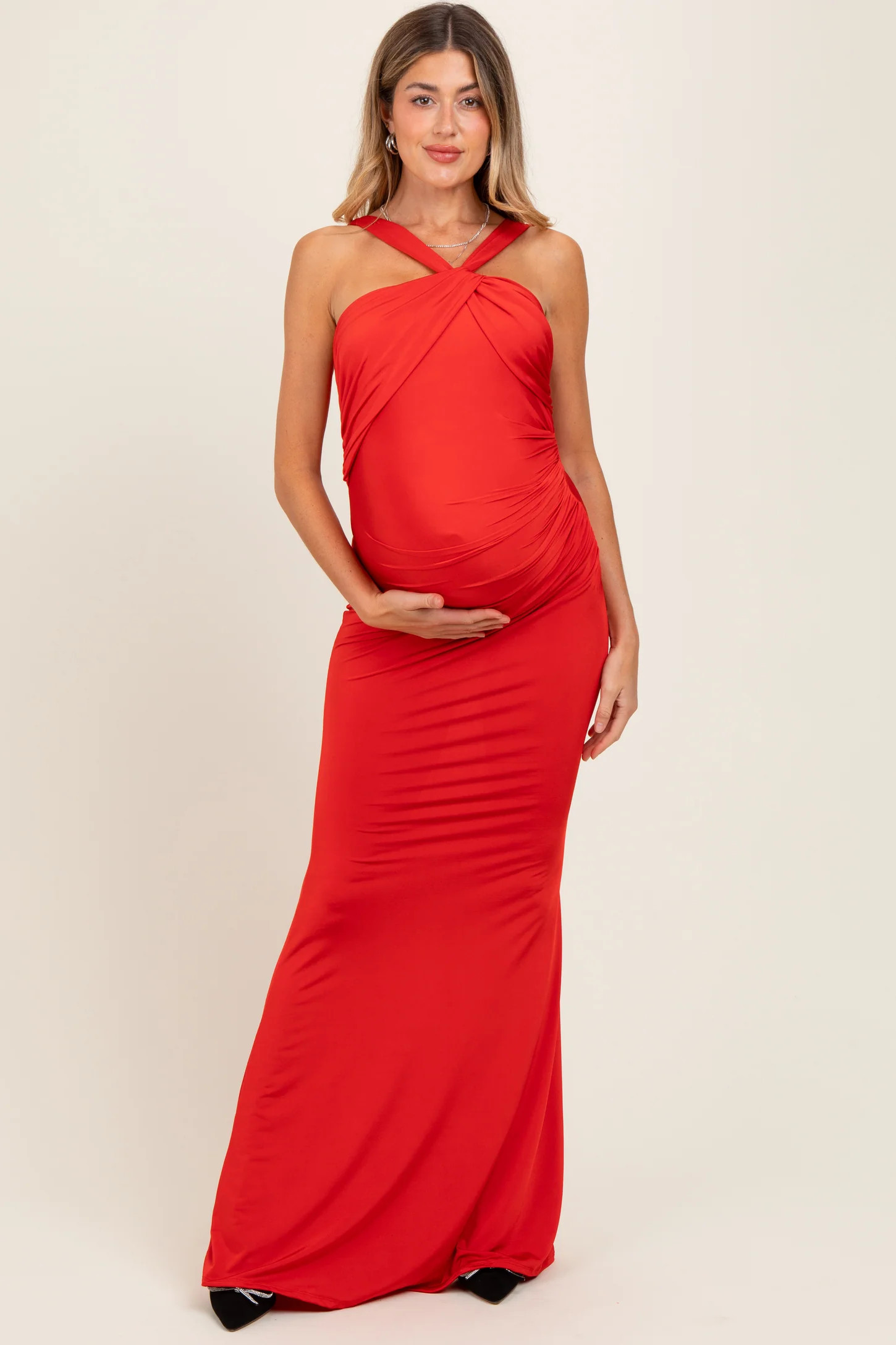 Red Twist Front Ruched Maternity Maxi Dress | PinkBlush Maternity