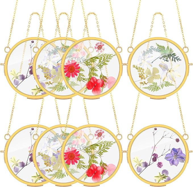 8 Pack Round Hanging Glass Frame Small Brass Hanging Photo Frames Set Wall Mounted Gold Double Gl... | Amazon (US)