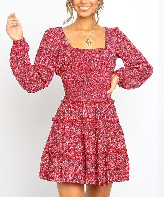 Luna Tuccini Women's Casual Dresses Red - Red & White Floral Smocked Long-Sleeve Square-Neck Peasant | Zulily