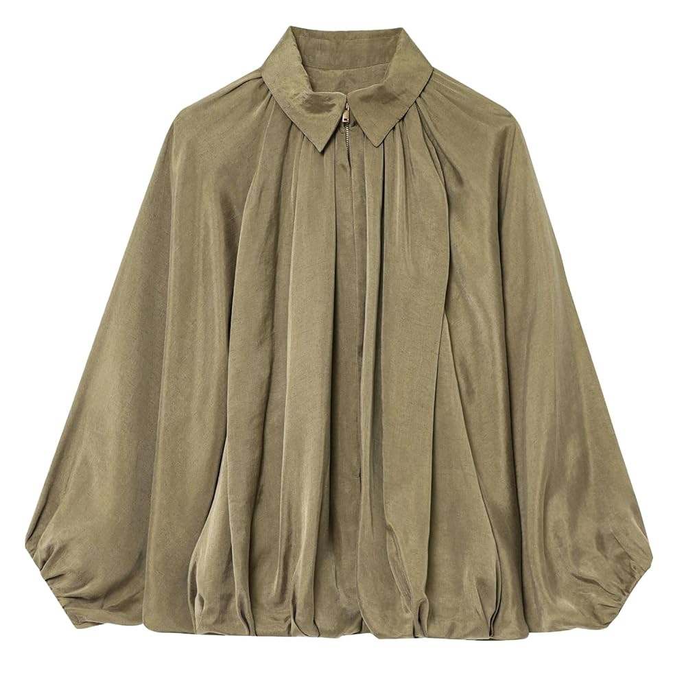 Womens Puffed Bomber Jacket Casual Batwing Sleeve Lapel Collar Zip Shirts Oversized Pleated Stree... | Amazon (US)