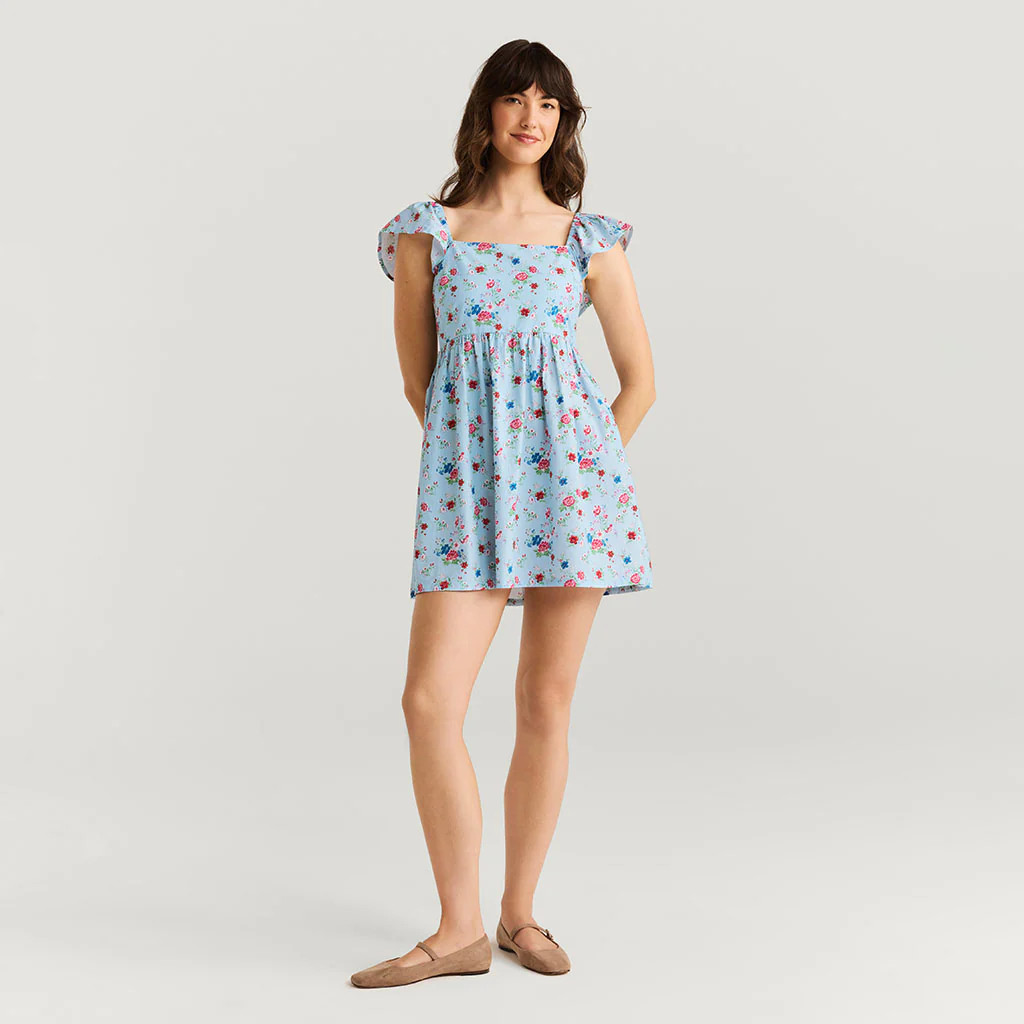 Floral Blue Ruffled Jean Women's Bamboo Challis Mini Dress | Posh Peanut\u00ae | Posh Peanut