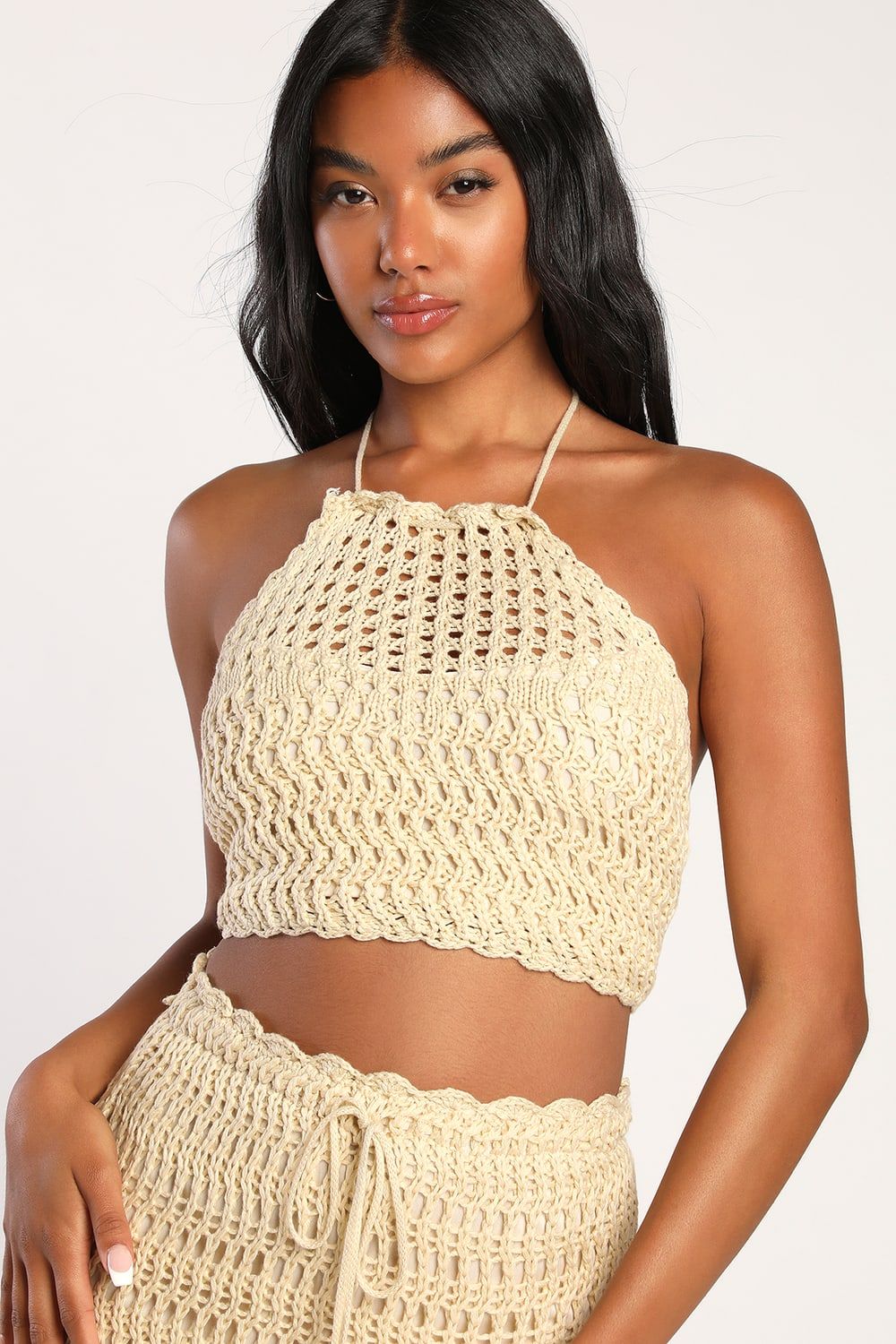 Knit the Beach Beige Crochet Halter Two-Piece Midi Dress | Lulus (US)