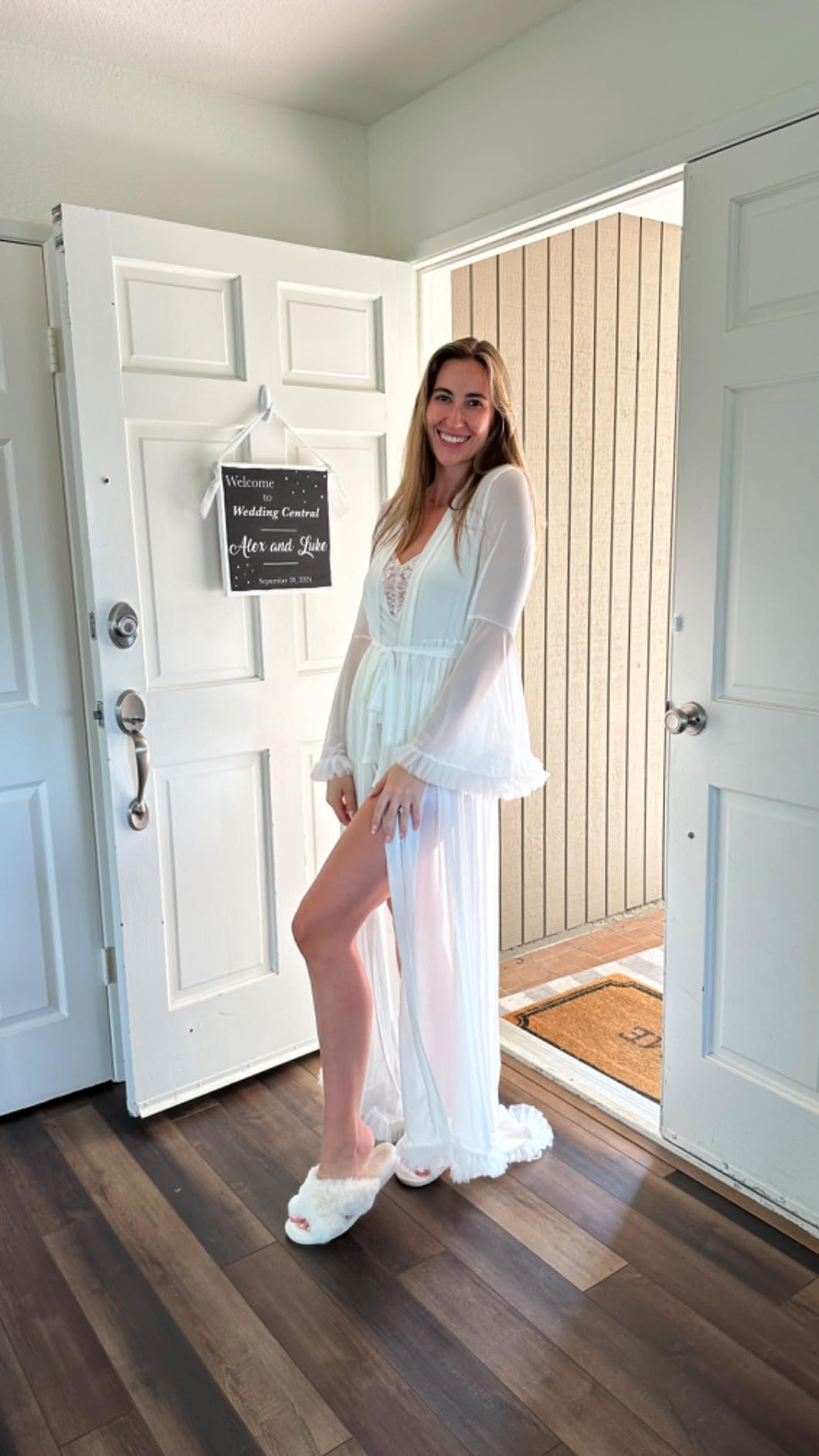 OYOANGLE Women's Ruffle Trim Long Sleeve Belted Sheer Mesh Wedding Bride Robe Nightgown | Amazon (US)