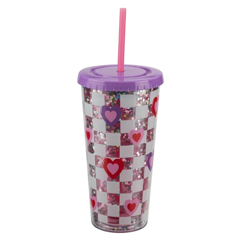 Sparkle Hearts Plastic Tumbler with Straw and Lid, Purple/Pink/Red, 24 oz, Valentine's Day by Way... | Walmart (US)