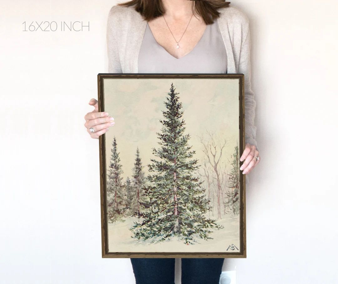 Christmas Tree in Snow | Pine Tree Vintage Print | Winter Forest Painting | Holiday Decor | Moody... | Etsy (US)