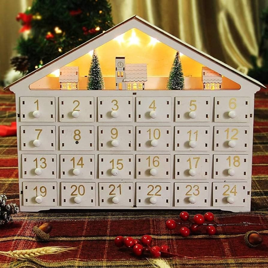 MorTime LED 24 Day Advent Calendar Decorated with Christmas Tree House and LED Lights, Lighted Wh... | Amazon (US)