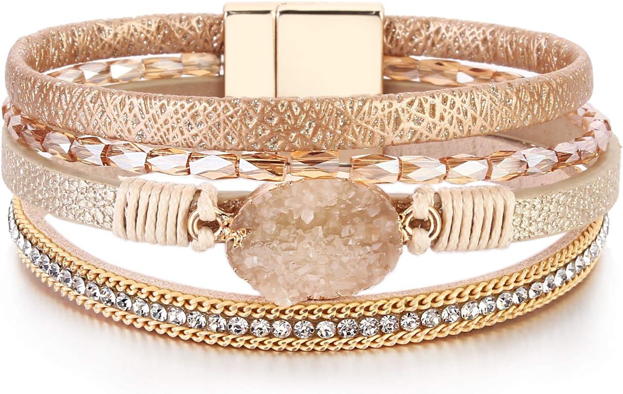 Amazon.com: FANCY SHINY Leather Wrap Bracelet Boho Cuff Bracelets Crystal Bead Bracelet with Magn... | Amazon (US)