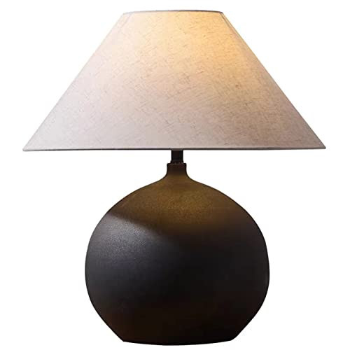 PURESILKS Rustic Black Ceramic Table Lamp, Southwestern Style Handmade, Minimalist With Hammered Pot Off-White Linen Drum Lampshade for Bedroom Living Room Bedside Nightstand | Amazon (US)