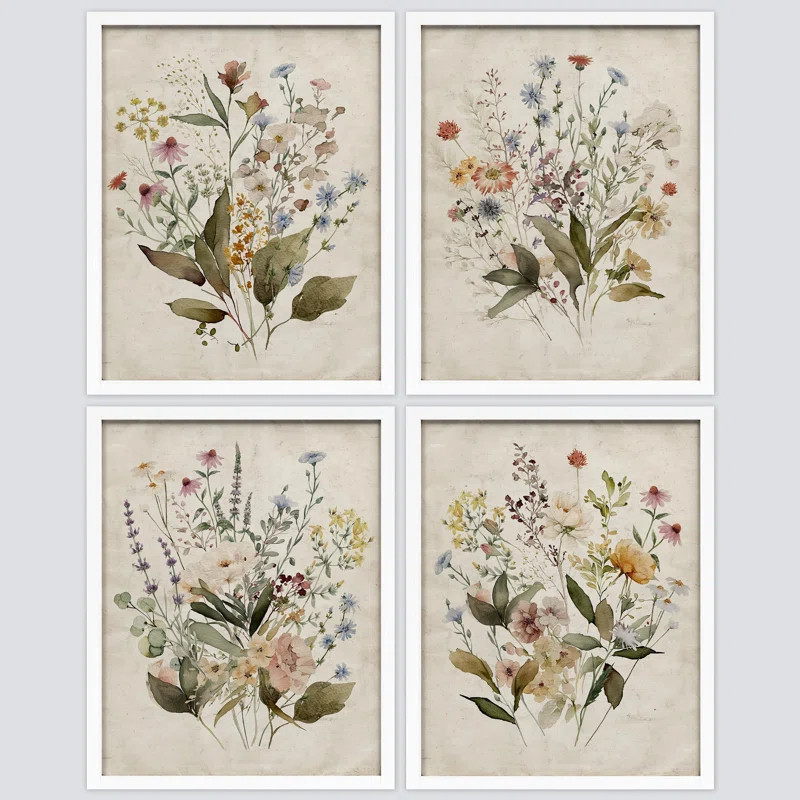Vintage Wildflowers Bouquet Antique Botanical Floral Pictures Framed Paper 4 Pieces Print Wall Ar... | Wayfair North America