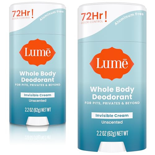 Lume Whole Body Deodorant - Invisible Cream Stick - 72 Hour Odor Control - Aluminum Free, Baking Soda Free, Skin Safe - 2.2 Ounce (Pack of 2) (Unscented) | Amazon (US)