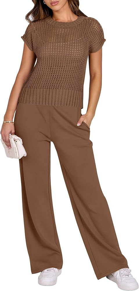 Amazon.com: ANRABESS Women Two Piece Outfits Crochet Sheer Knit Sweater Top Wide Leg Pants Lounge... | Amazon (US)