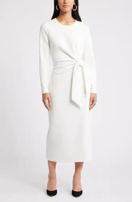 Nordstrom Tie Waist Long Sleeve Knit Midi Dress in Ivory Cloud at Nordstrom, Size Xx-Small | Nordstrom