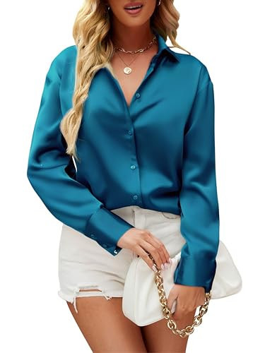 Damipow Satin Silk Button Down Shirts for Women Dress Shirts Long Sleeve Blouses Womens Shirt,Turquoise,2XL | Amazon (US)