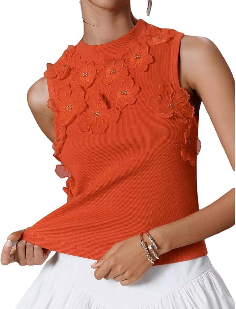 Women's 3D Floral Applique Sleeveless Tank Tops Summer Ribbed Knit Slim Fitted Crop Shirts Casual... | Amazon (US)