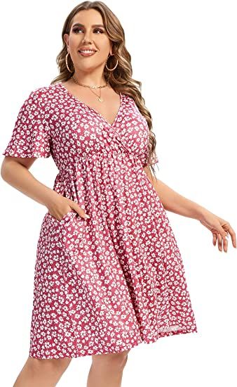 AMZ PLUS Plus Size Casual Dress Women's V Neck A-Line Knee Length Wrap Dress Swing Dresses Plus S... | Amazon (US)