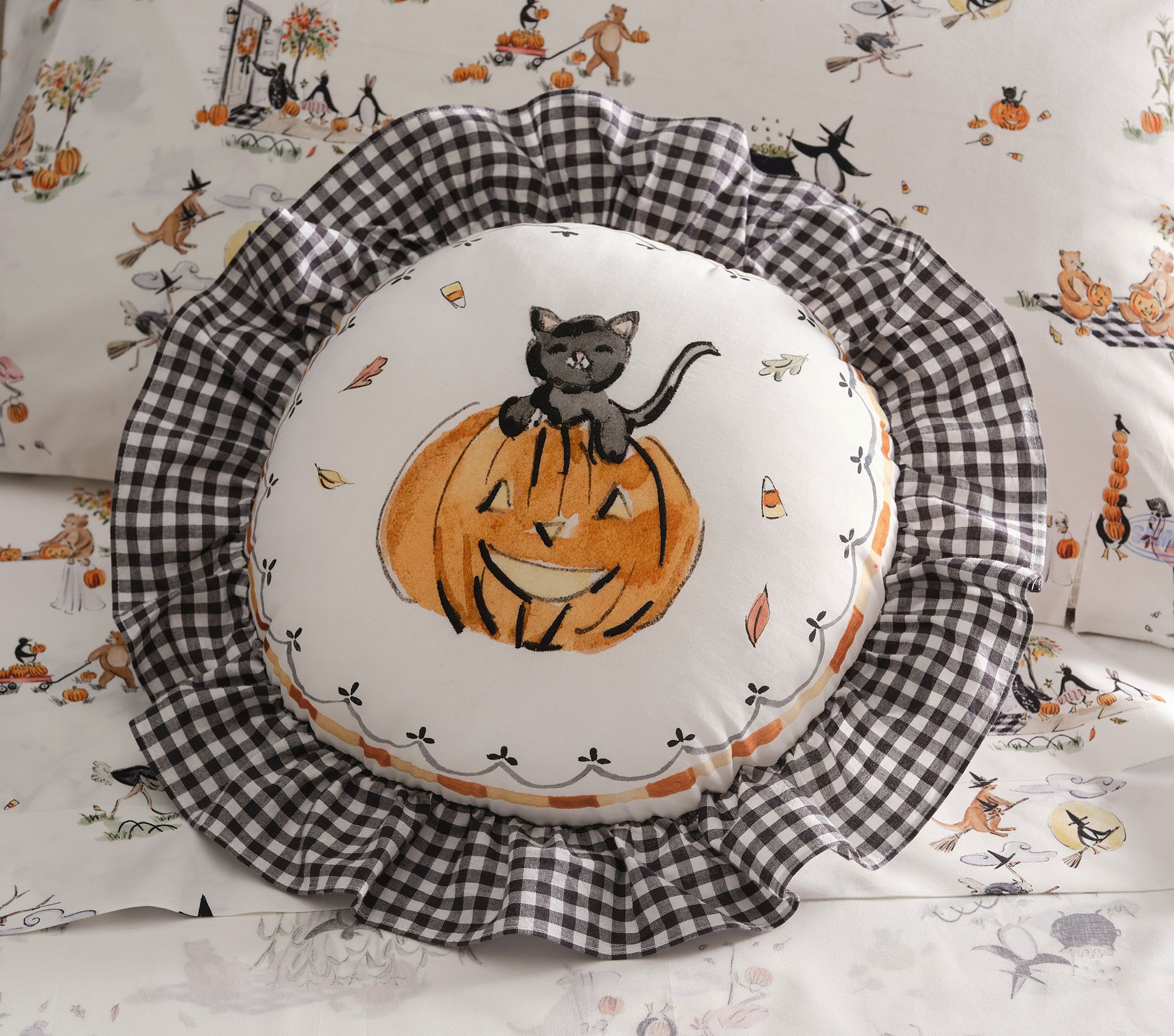 Riley Sheehey Embroidered Pumpkin Cat Pillow | Pottery Barn Kids