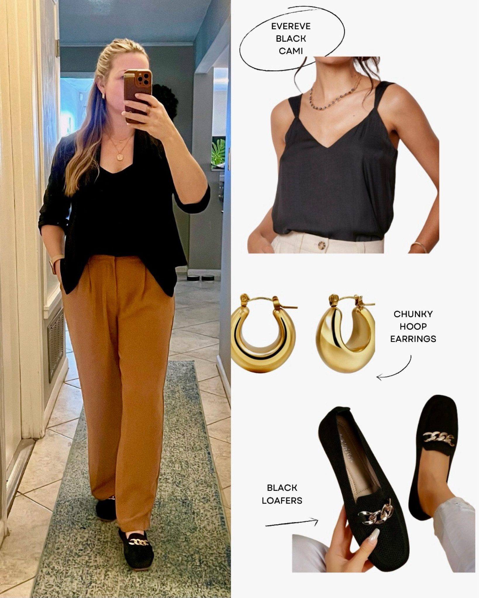 Work Outfit with $10 loafers from Temu, my favorite pants from Amazon ( I have them in 3 colors!) a silky black cami from evereve and a fitted, lightweight blazer from Amazon. Comfy and professional 

#LTKworkwear #LTKshoecrush #LTKfindsunder50