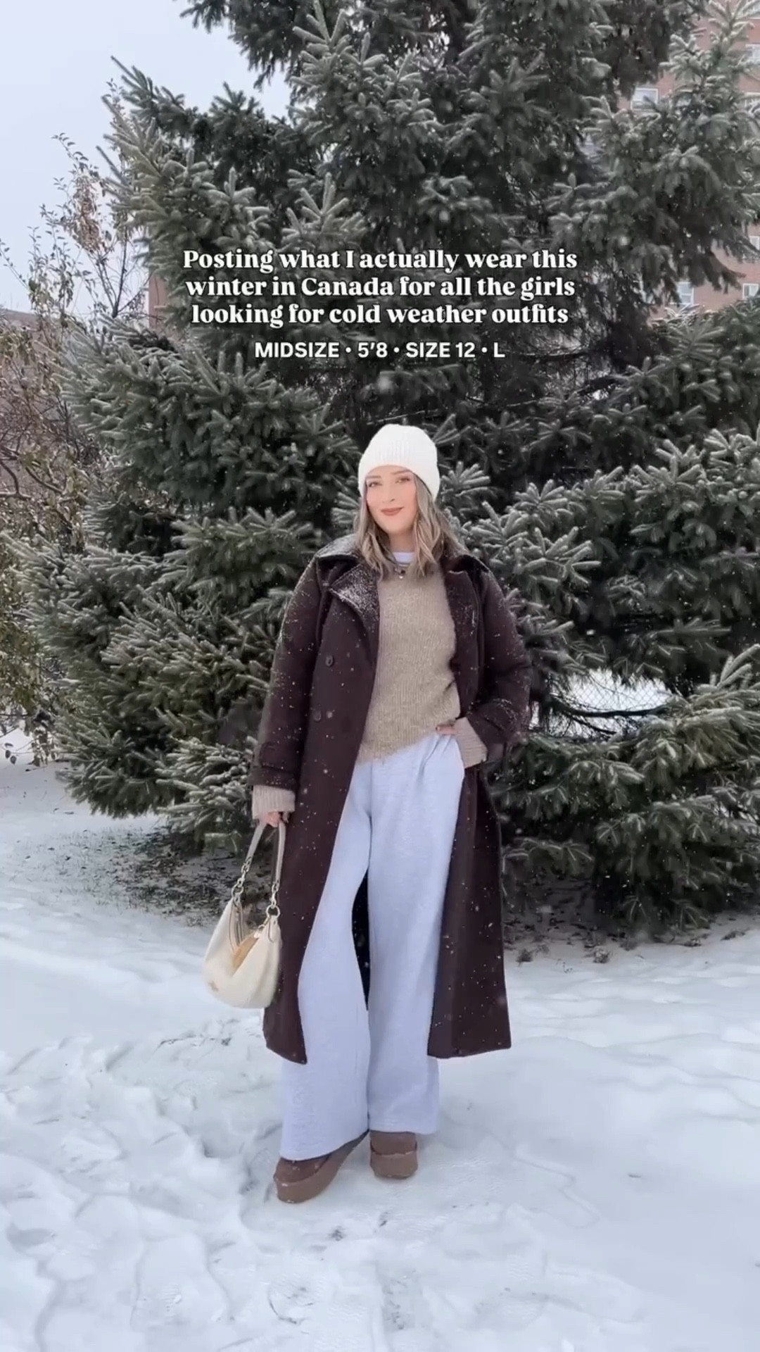 Cozy winter outfit! Wearing my usual size L in the chocolate brown wool trench coat - it’s so warm and such a good staple piece! Also wearing L in the wide leg sweatpants, these are thick and cozy and cute enough to wear out! This white tee is my fave for layering since the neck is higher, wearing my usual size L. My Ugg style boots are Amazon and such good quality! I’m usually a 9.5-10 and wear a 10 in these. Linked similar neutral sweaters & cream beanie


#LTKsale #LTKwinter #LTKmidsize